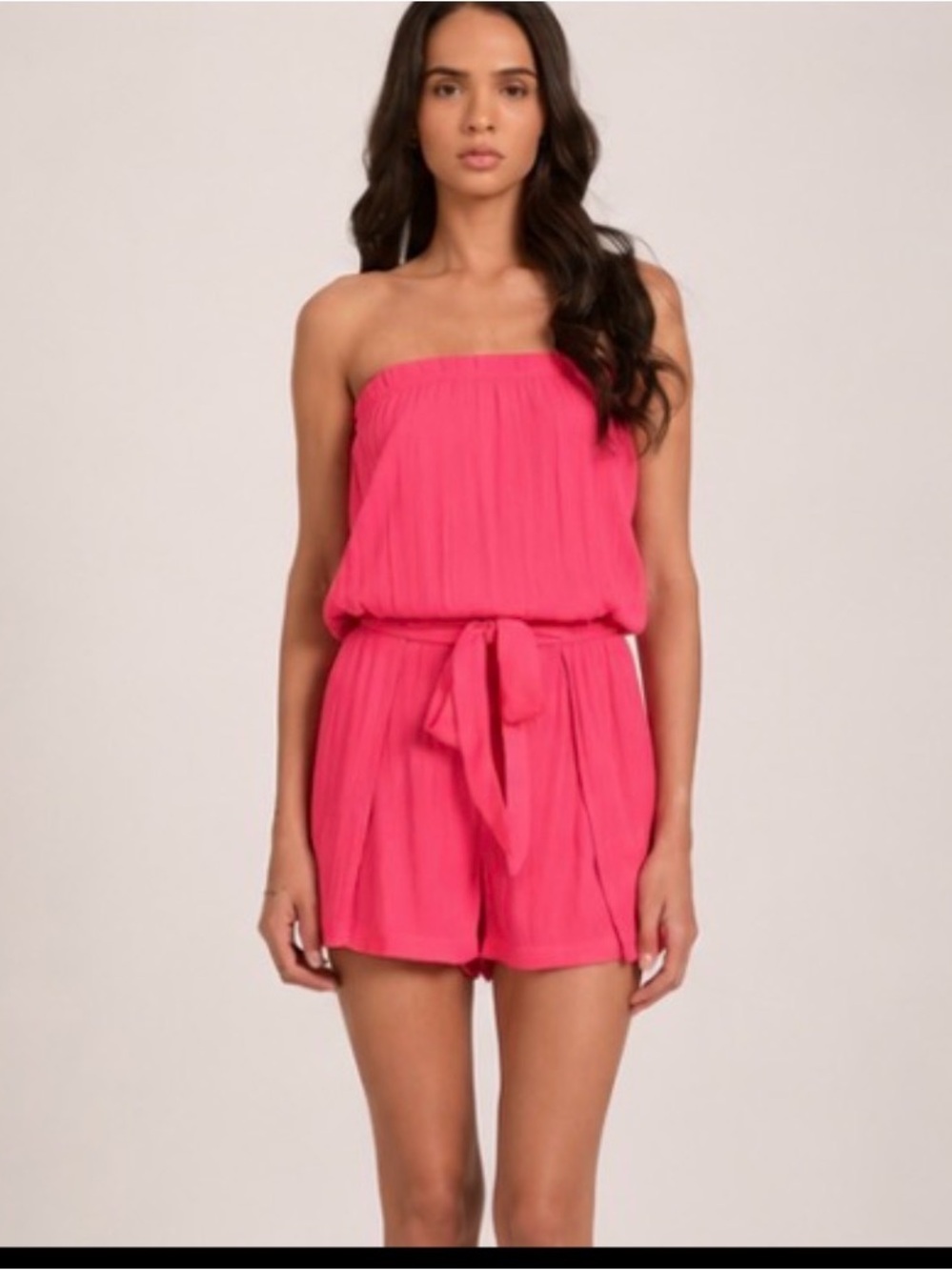 Strapless Tie-Waist Romper in Bright Pink